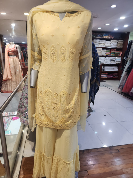 Georgette chikankari  yellow colour readymade sharara suit with dupatta