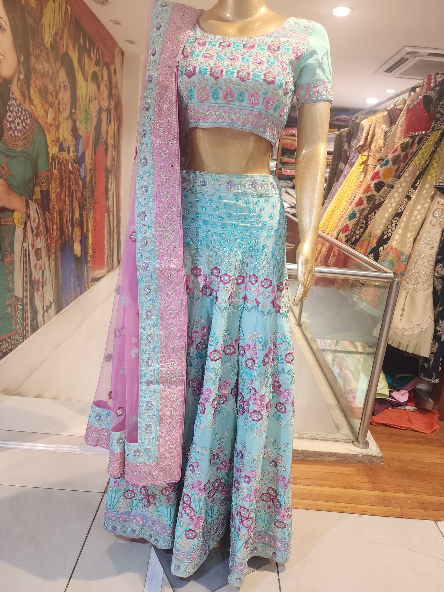 Pure crepe pure resham work firozi colour
